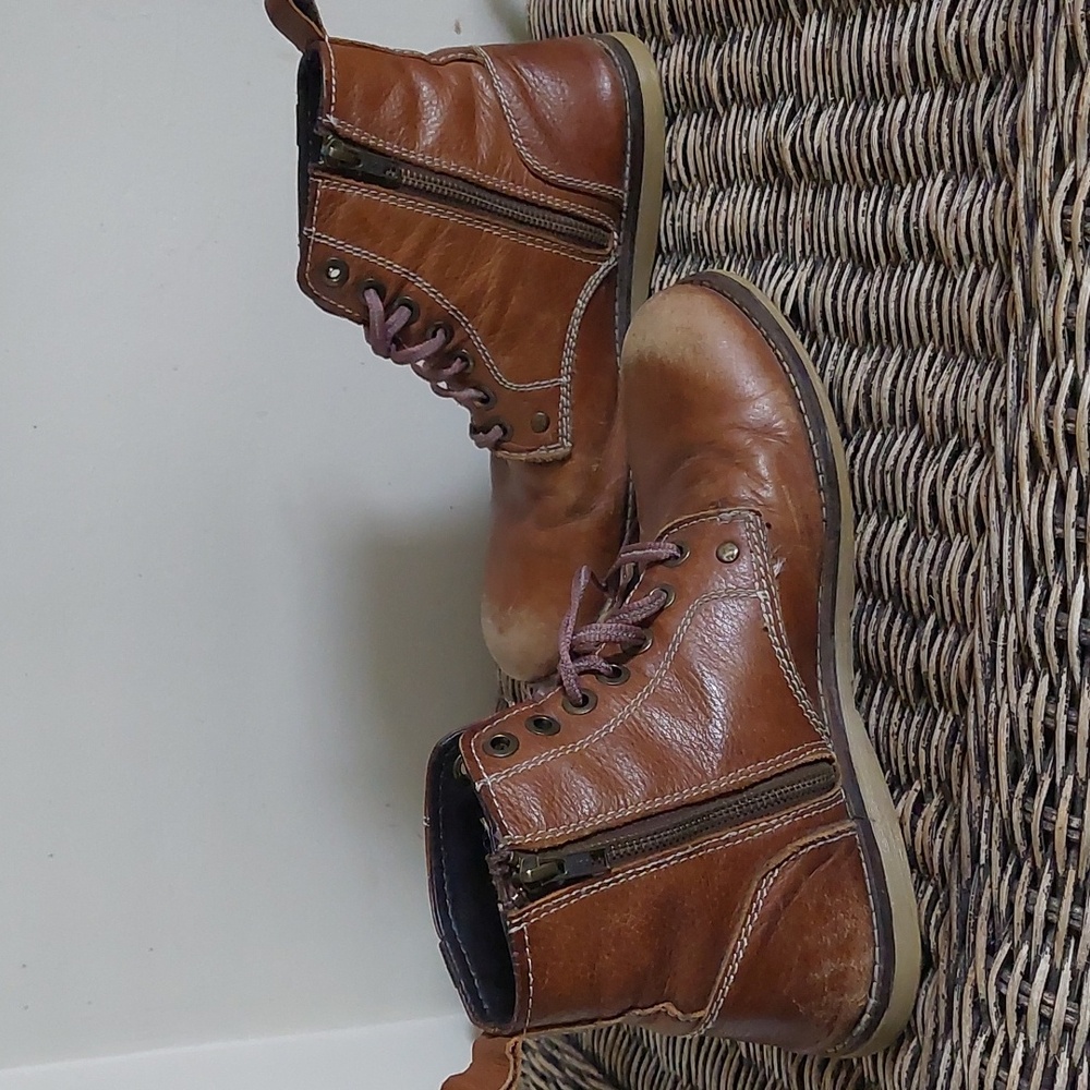 Crevo Men's Brown Leather Lace-Up Side-Zip Boots